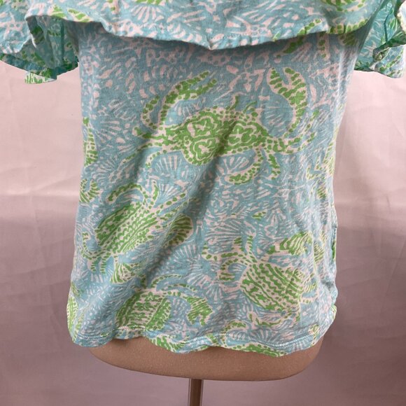 Lilly Pulitzer Wiley Ruffle Top S Blue Green White Print Strapless - Picture 4 of 8
